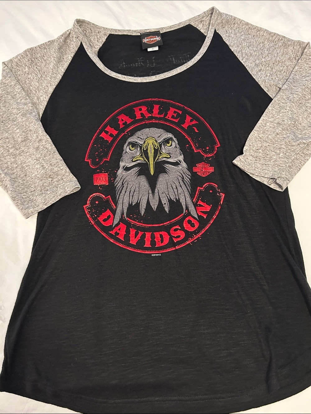 Harley-Davidson Black Raglan Tee with Red Logo & Gray Sleeves